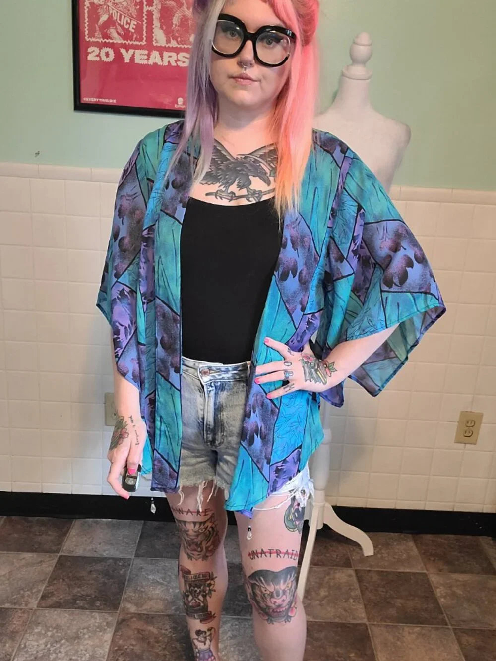 Vintage 90s Purple Teal Sheet Kimono Shawl Wrap Cover Up Whimsical Fairycore